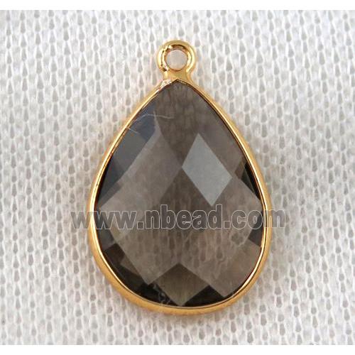 crystal glass pendant, teardrop, smoky, gold plated