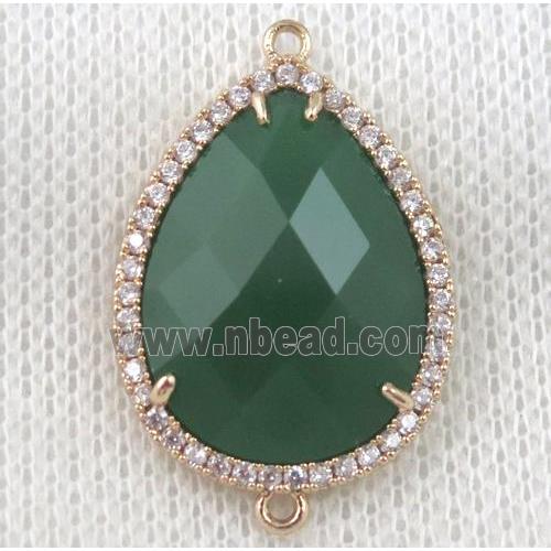 green crystal glass teardrop connector paved zircon, gold plated