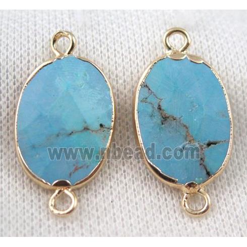 blue Turquoise connector, faceted oval, gold plated