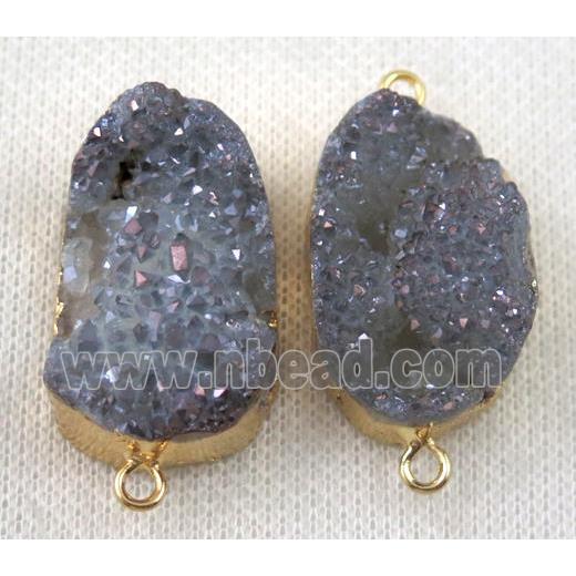 druzy quartz connector, lt.blue gray, AB-color, freeform, gold plated