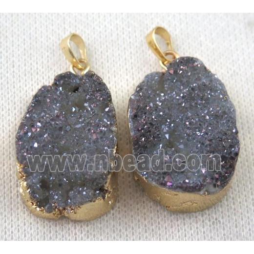 druzy quartz pendant, lt.blue gray, AB-color, freeform, gold plated