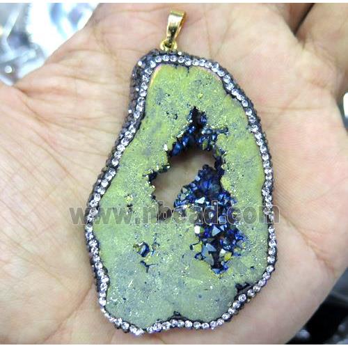 druzy agate slice pendant paved rhinestone, freeform, green electroplated