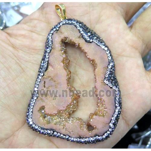 druzy agate slice pendant paved rhinestone, freeform, gold champagne electroplated