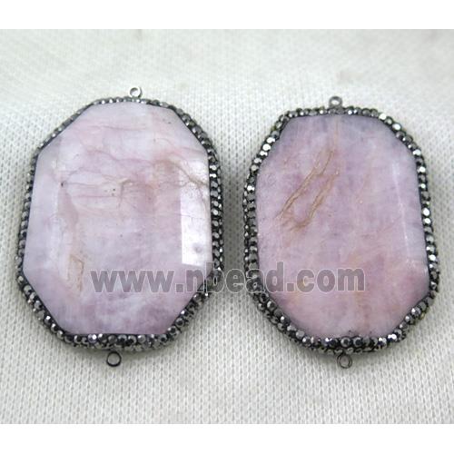 Kunzite slice connector paved rhinestone, faceted freeform, pink