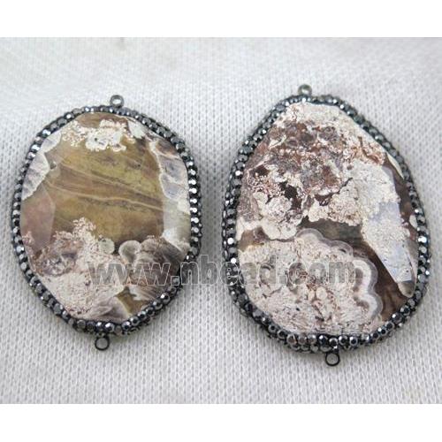 white ocean jasper slice connector paved rhinestone, faceted freeform