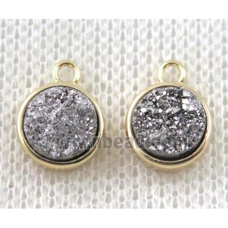 silver druzy quartz pendant, flat-round, copper, gold plated