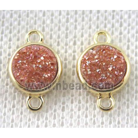 golden-champagne druzy quartz connector, copper, flat-round, gold plated