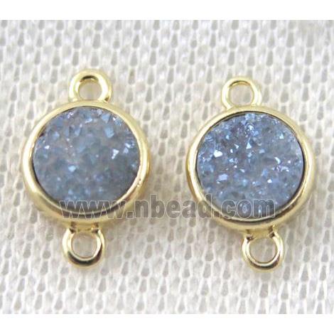 light gray-blue druzy quartz connector, copper, flat-round, gold plated