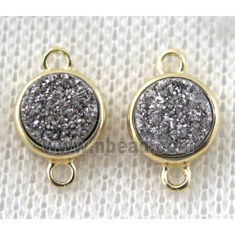 silver druzy quartz connector, copper, flat-round, gold plated