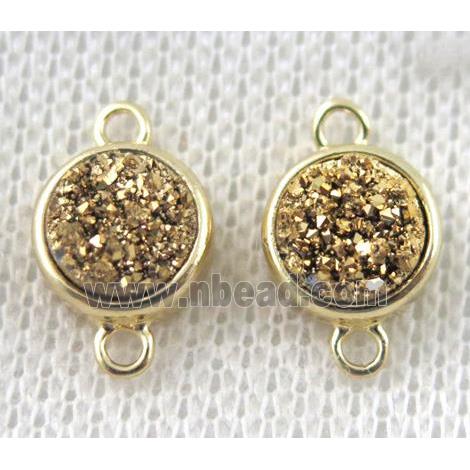 GOLDEN druzy quartz connector, copper, flat-round, gold plated