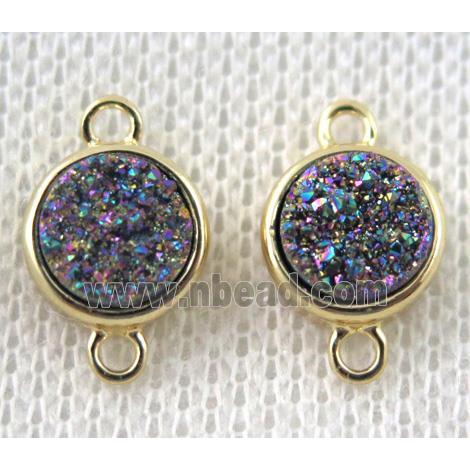 rainbow druzy quartz connector, copper, flat-round, gold plated