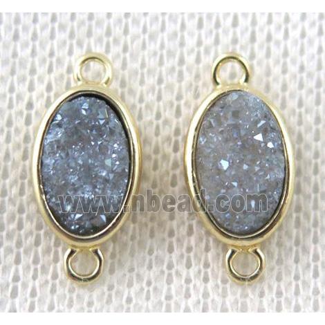 druzy quartz oval connector, light gray-blue, copper, gold plated