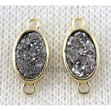 silver druzy quartz oval connector, copper, gold plated