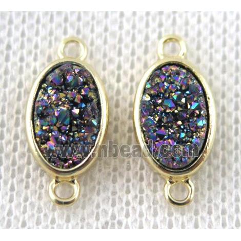 rainbow druzy quartz connector, copper, oval, gold plated