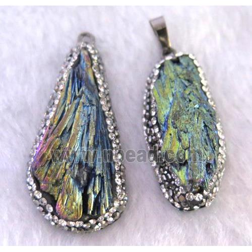 titanium crystal tourmaline pendant pave rhinestone, freeform, green electroplated