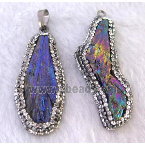 titanium crystal tourmaline pendant pave rhinestone, freeform, rainbow