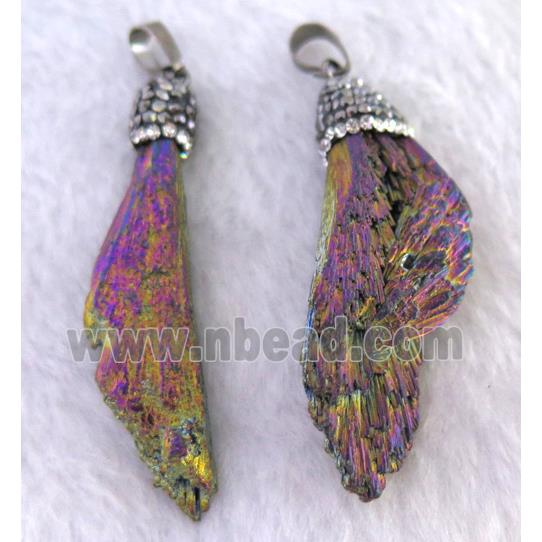 titanium crystal tourmaline pendant pave rhinestone, freeform, rainbow