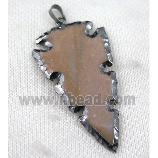 Rock Agate arrowhead pendant, natural color, black plated