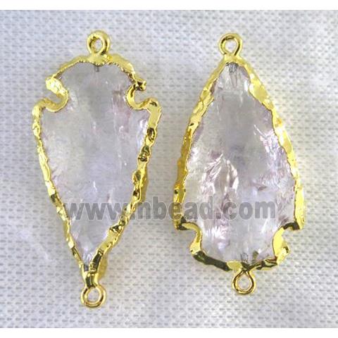 hammered Clear Quartz arrowhead connector, gold plated