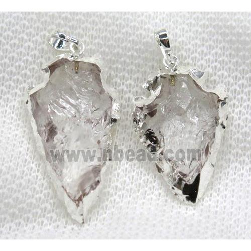 hammered Clear Quartz arrowhead pendant, silver plated