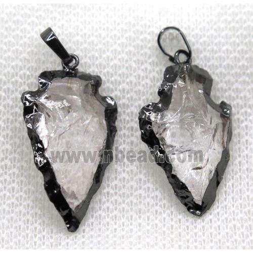 hammered Clear Quartz arrowhead pendant, black plated