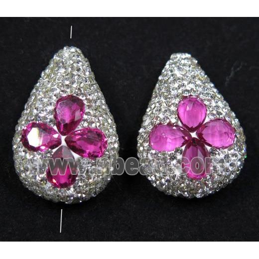 hotpink crystal glass beads pave rhinestone, teardrop