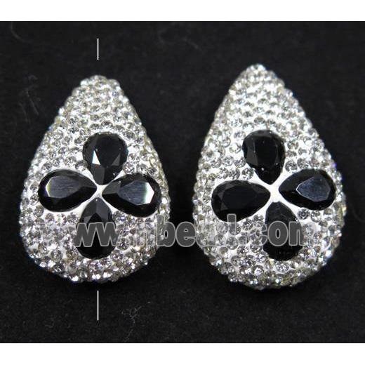 black crystal glass beads pave white rhinestone, teardrop