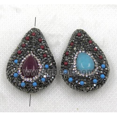 jade beads paved black rhinestone, teardrop, mix color