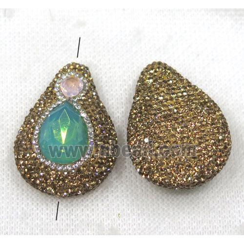 green crystal glass bead paved yellow rhinestone, teardrop