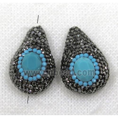 blue crystal glass beads paved black rhinestone, teardrop