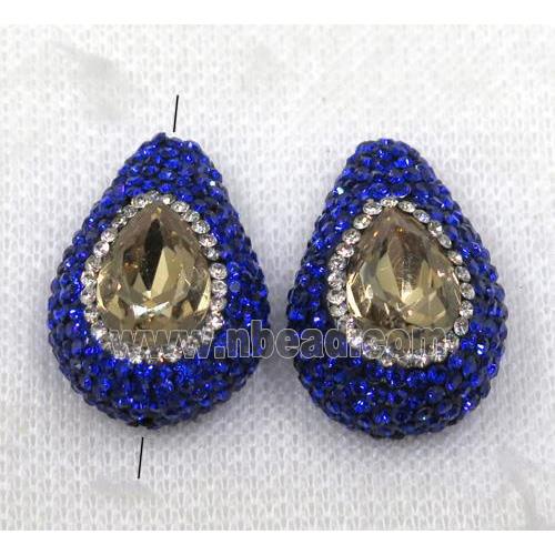 yellow crystal glass bead paved blue rhinestone, teardrop