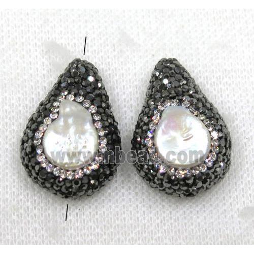 white pearl beads paved black rhinestone, teardrop