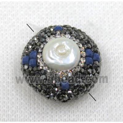 white pearl bead paved black rhinestone, flat round