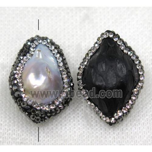 white pearl bead paved rhinestone, freeform, black snakeskin