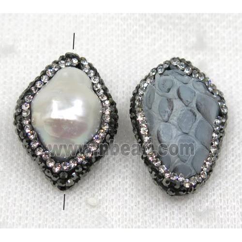 white pearl bead paved rhinestone, freeform, gray snakeskin