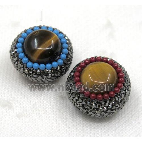 tiger eye stone bead paved rhinestone, flat round