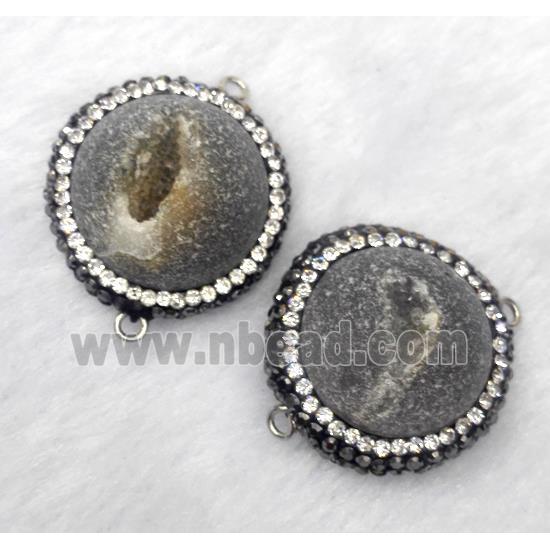 gray druzy agate connector paved rhinestone, half-round