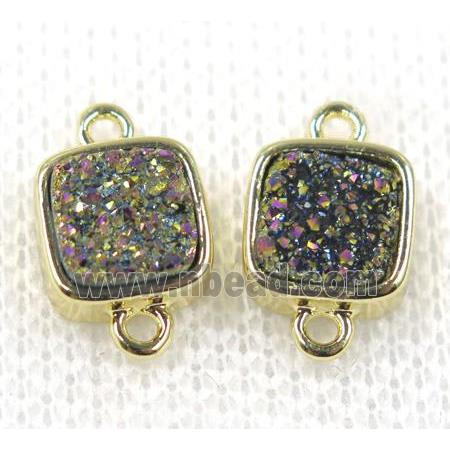 rainbow druzy quartz connector, square, gold plated