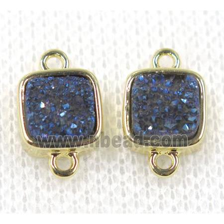 blue druzy quartz connector, square, gold plated