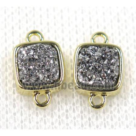 silver druzy quartz connector, square, gold plated