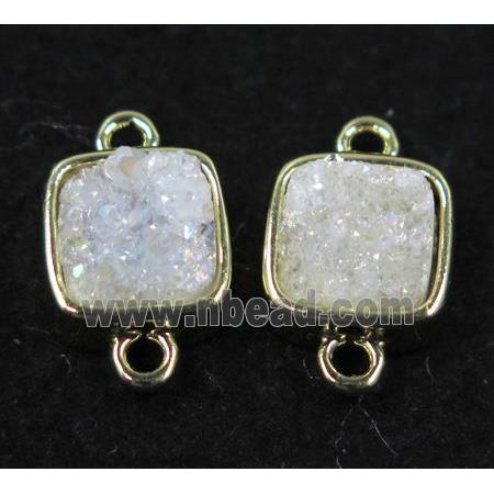 druzy quartz connector, white AB-color, square, gold plated