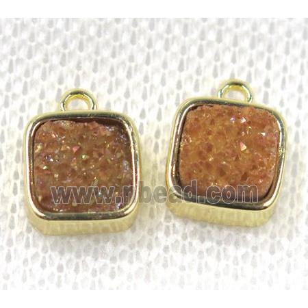 gold champagne druzy quartz pendant, square, gold plated