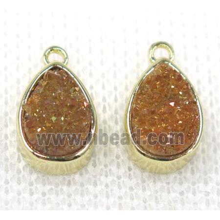 gold champagne druzy quartz teardrop pendant, gold plated