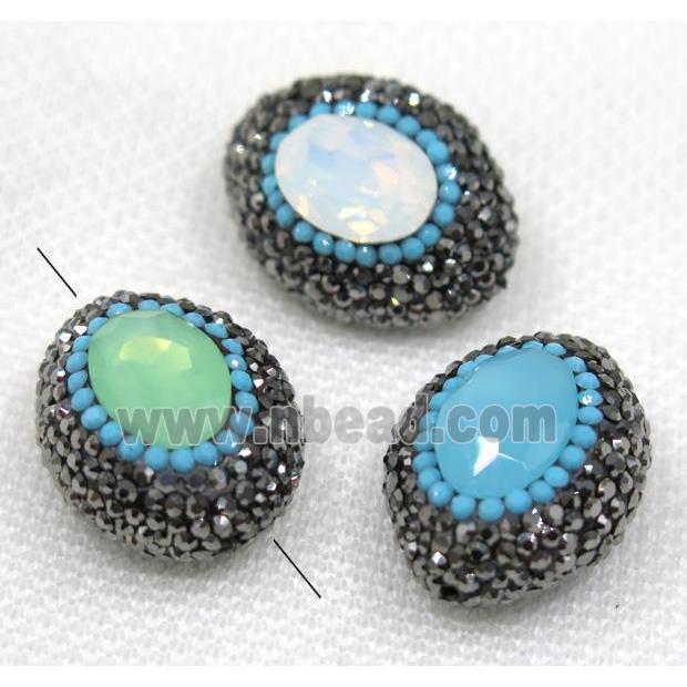 crystal glass bead paved black rhinestone, mix color, oval