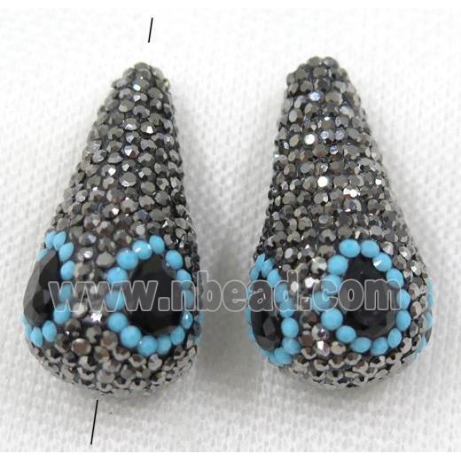 black crystal glass bead paved rhinestone, teardrop