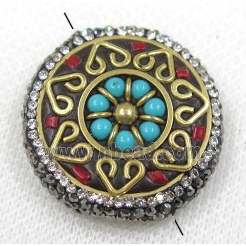 Nepal style turquoise bead paved rhinestone, flat round