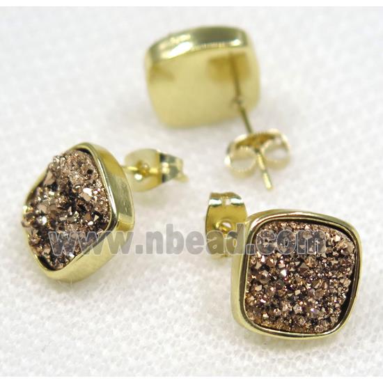 coffee druzy quartz earring studs, square