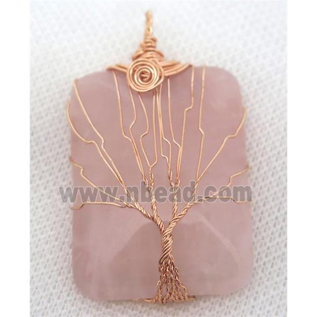 Pink Rose Quartz Rectangle Pendant Tree Of Life Wire Wrapped Rose Gold