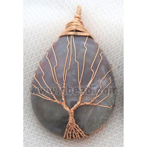 Indian Agate Teardrop Pendant Tree Of Life Wire Wrapped Rose Gold