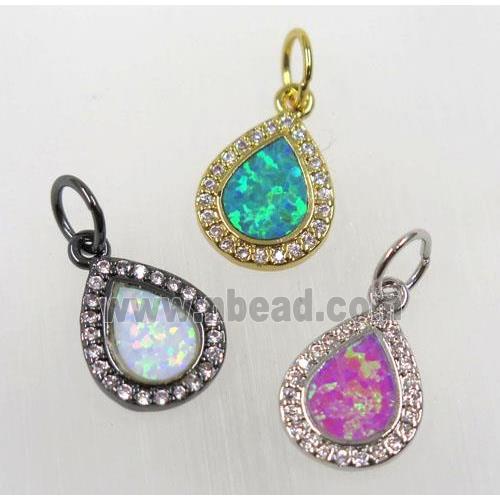 synthetic Fire Opal pendant paved zircon, copper, teardrop, mix color